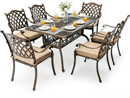 7‑Piece Cast‑Aluminum Outdoor Patio Dining Set｜59" Rectangular Lattice Table, Stackable Chairs, Removable Washable Cushions, Umbrella Hole for Garden Deck Backyard