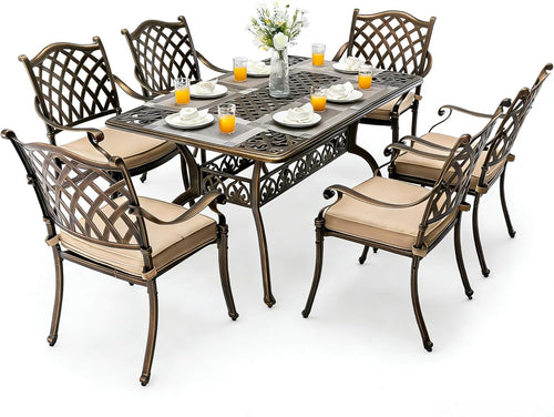 7‑Piece Cast‑Aluminum Outdoor Patio Dining Set｜59" Rectangular Lattice Table, Stackable Chairs, Removable Washable Cushions, Umbrella Hole for Garden Deck Backyard