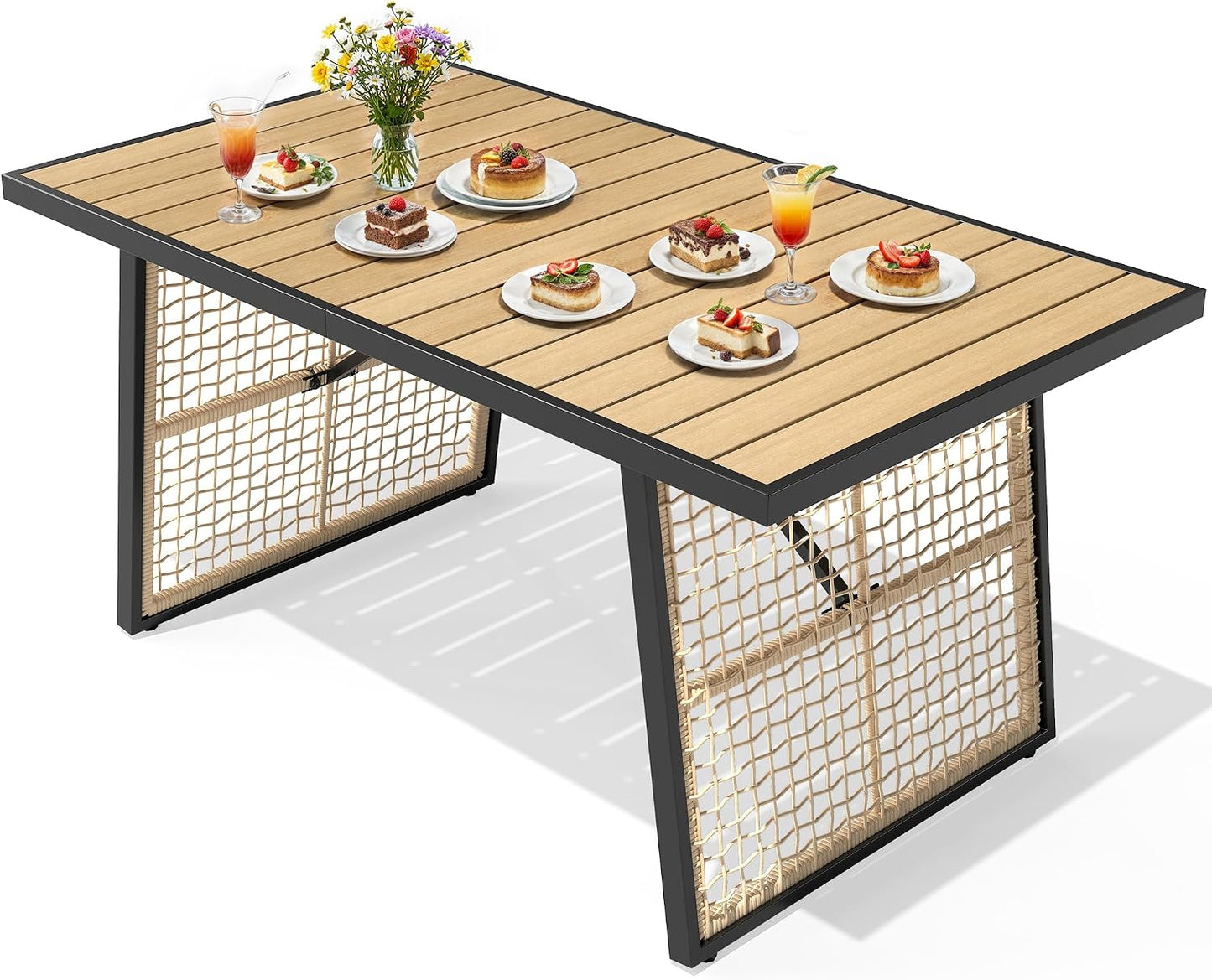 59.1 Inch Rectangular All‑Weather Outdoor Dining Table｜Metal Frame with Rattan Mesh, Adjustable Feet, Seats 6 🏝️