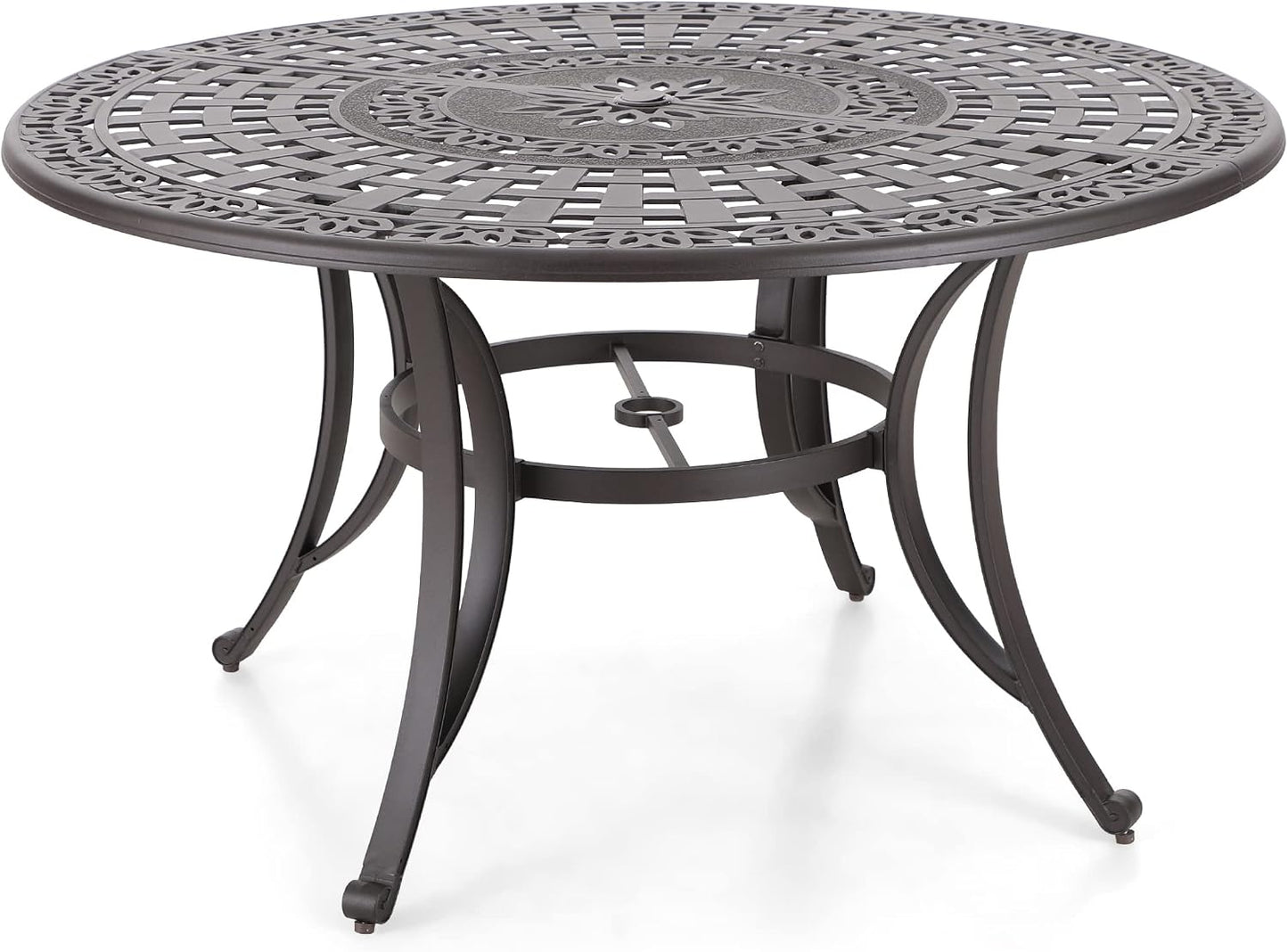 Rectangular Cast Aluminum Outdoor Dining Table｜Vintage Hollow‑Carved Patio Table with Umbrella Hole, Seats 6 for Garden Deck Backyard
