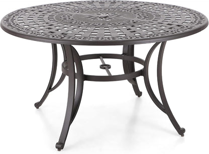 Rectangular Cast Aluminum Outdoor Dining Table｜Vintage Hollow‑Carved Patio Table with Umbrella Hole, Seats 6 for Garden Deck Backyard