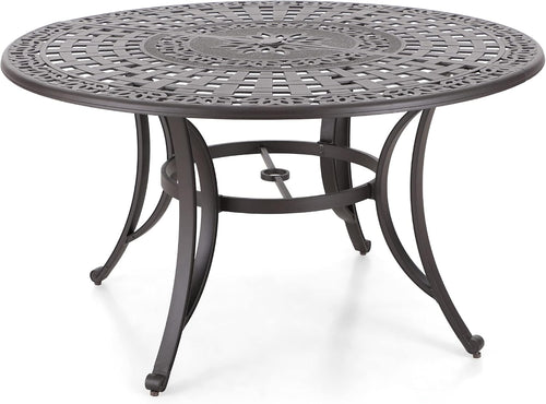 Rectangular Cast Aluminum Outdoor Dining Table｜Vintage Hollow‑Carved Patio Table with Umbrella Hole, Seats 6 for Garden Deck Backyard