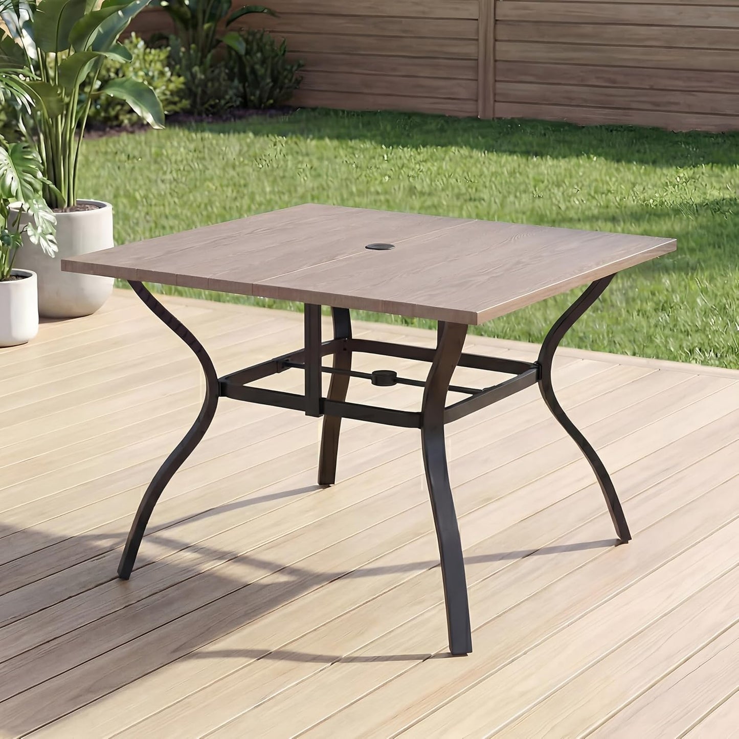 37.8 Inch Square Metal Outdoor Dining Table｜4‑Person Patio Table with Adjustable Umbrella Hole, Rust‑Resistant for Garden Backyard 🪑