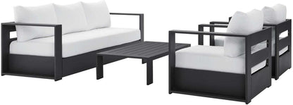 4‑Piece Modern Powder‑Coated Aluminum Patio Conversation Set｜Sofa, 2 Armchairs & Coffee Table with Removable Weather‑Resistant Cushions for Deck Pool Backyard