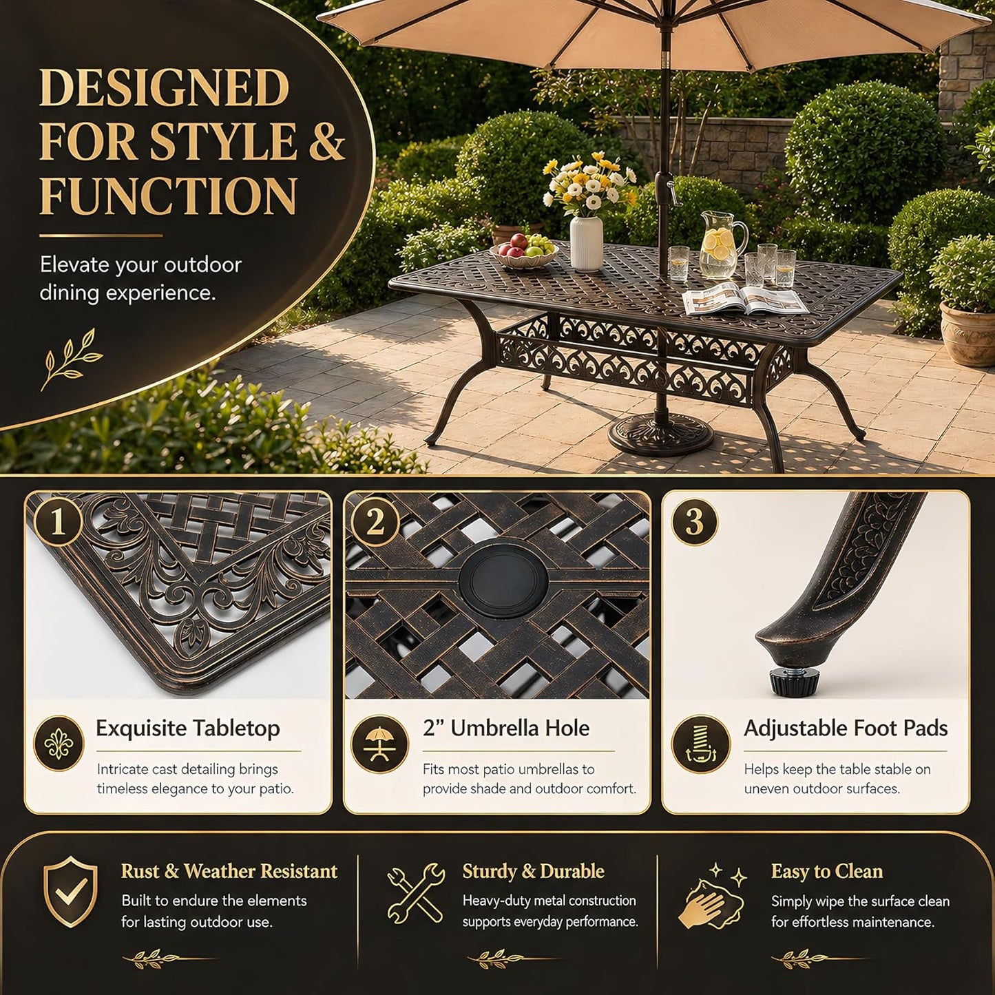 7‑Piece Cast‑Aluminum Outdoor Patio Dining Set｜59" Rectangular Lattice Table, Stackable Chairs, Removable Washable Cushions, Umbrella Hole for Garden Deck Backyard