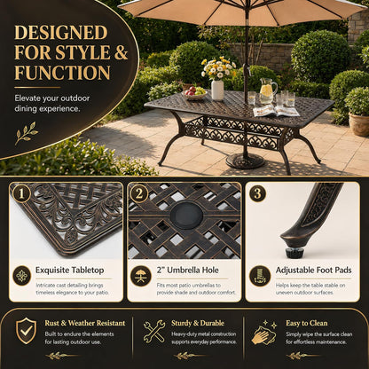 7‑Piece Cast‑Aluminum Outdoor Patio Dining Set｜59" Rectangular Lattice Table, Stackable Chairs, Removable Washable Cushions, Umbrella Hole for Garden Deck Backyard