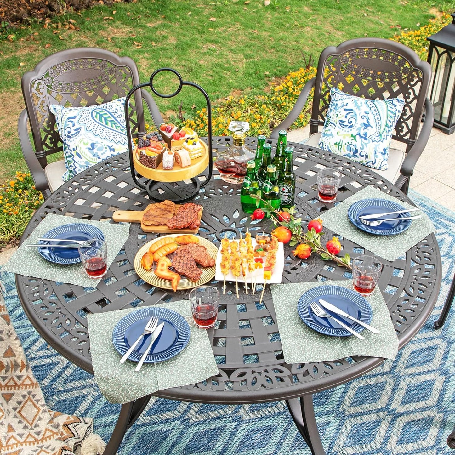 Rectangular Cast Aluminum Outdoor Dining Table｜Vintage Hollow‑Carved Patio Table with Umbrella Hole, Seats 6 for Garden Deck Backyard