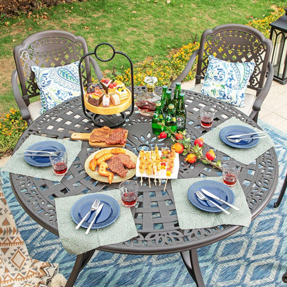 Rectangular Cast Aluminum Outdoor Dining Table｜Vintage Hollow‑Carved Patio Table with Umbrella Hole, Seats 6 for Garden Deck Backyard