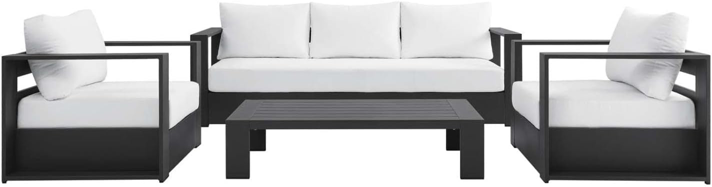 4‑Piece Modern Powder‑Coated Aluminum Patio Conversation Set｜Sofa, 2 Armchairs & Coffee Table with Removable Weather‑Resistant Cushions for Deck Pool Backyard