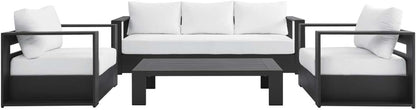 4‑Piece Modern Powder‑Coated Aluminum Patio Conversation Set｜Sofa, 2 Armchairs & Coffee Table with Removable Weather‑Resistant Cushions for Deck Pool Backyard