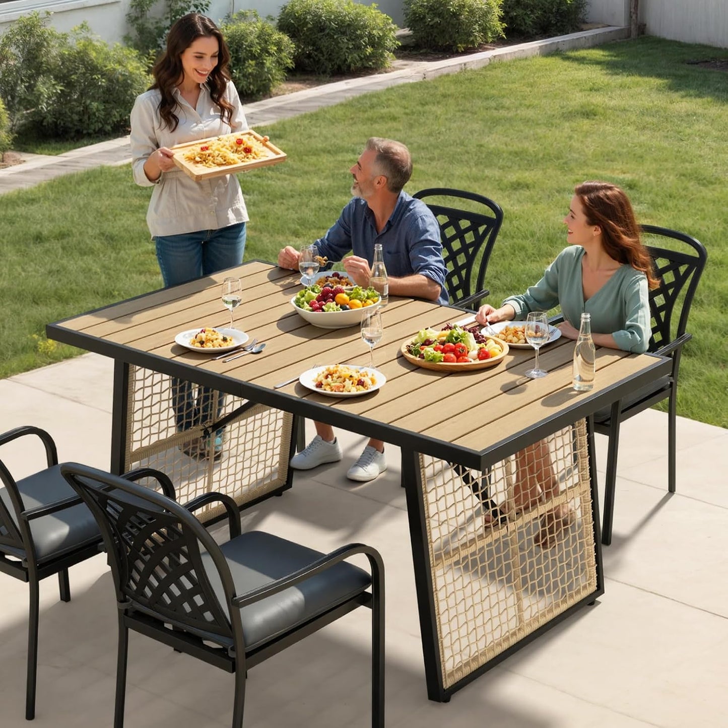 59.1 Inch Rectangular All‑Weather Outdoor Dining Table｜Metal Frame with Rattan Mesh, Adjustable Feet, Seats 6 🏝️
