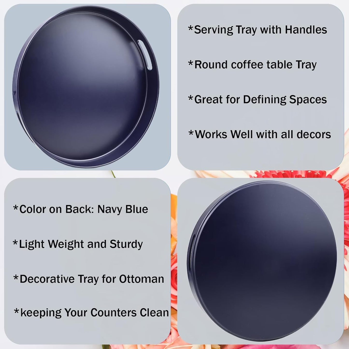 13‑Inch Round Decorative Serving Tray with Handles｜Multi‑Use Ottoman Tray for Coffee Table Patio & Entertaining