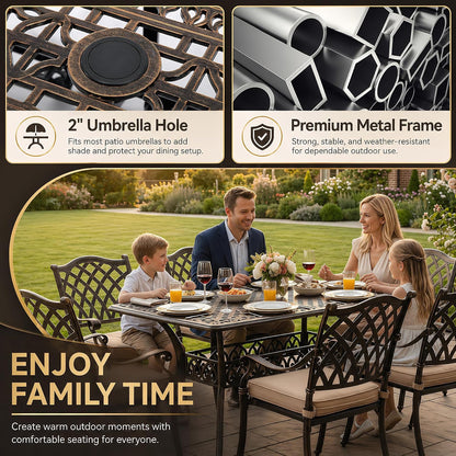 7‑Piece Cast‑Aluminum Outdoor Patio Dining Set｜59" Rectangular Lattice Table, Stackable Chairs, Removable Washable Cushions, Umbrella Hole for Garden Deck Backyard