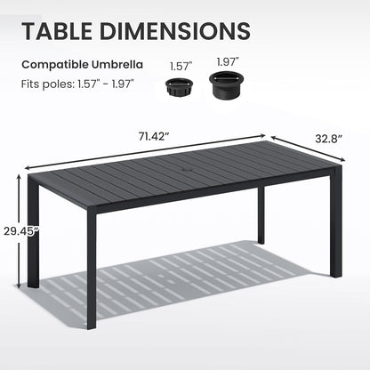 71.4 Inch Rectangular Outdoor Dining Table｜Rust‑Proof Aluminum Frame, WPC Wood‑Like Tabletop, Adjustable Umbrella Hole, Seats 4‑6 for Patio Deck Garden 🌿