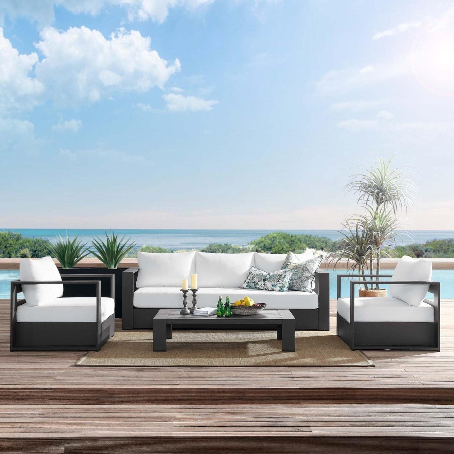 4‑Piece Modern Powder‑Coated Aluminum Patio Conversation Set｜Sofa, 2 Armchairs & Coffee Table with Removable Weather‑Resistant Cushions for Deck Pool Backyard