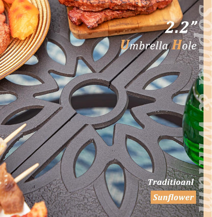 Rectangular Cast Aluminum Outdoor Dining Table｜Vintage Hollow‑Carved Patio Table with Umbrella Hole, Seats 6 for Garden Deck Backyard