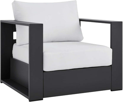 4‑Piece Modern Powder‑Coated Aluminum Patio Conversation Set｜Sofa, 2 Armchairs & Coffee Table with Removable Weather‑Resistant Cushions for Deck Pool Backyard