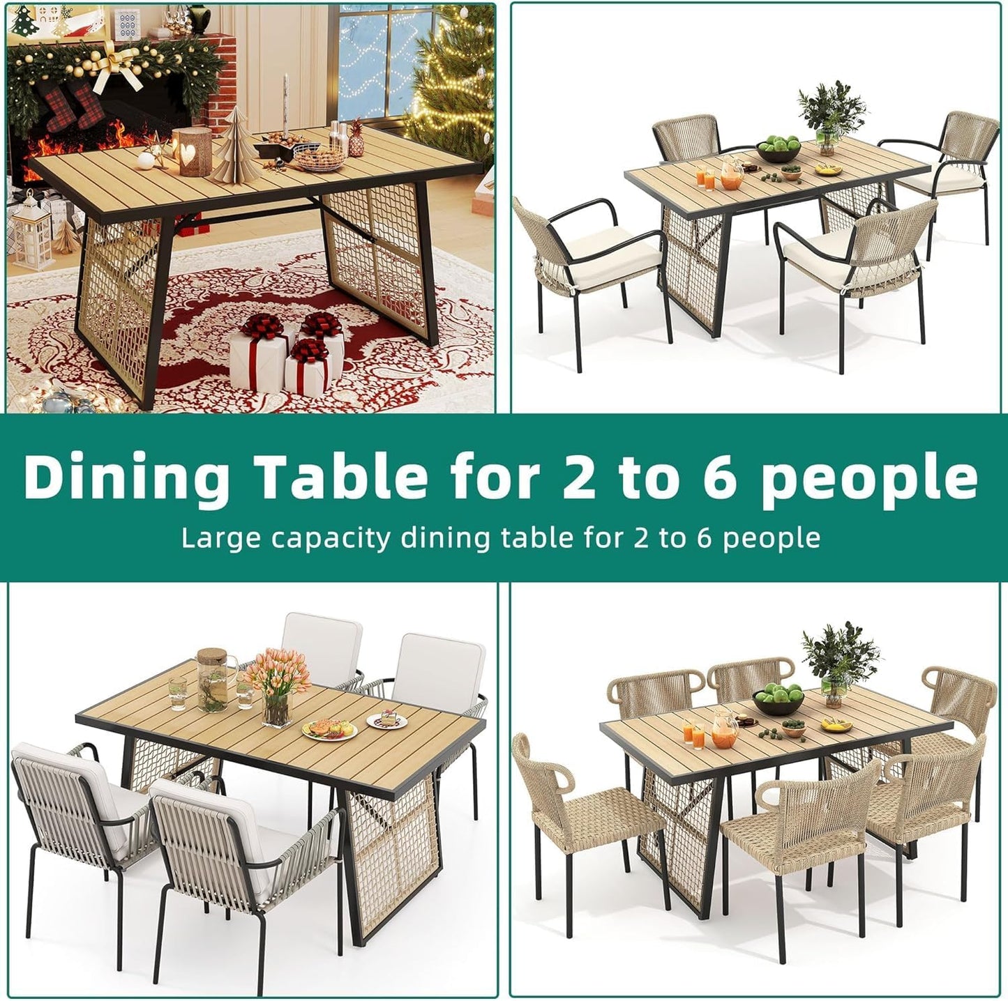 59.1 Inch Rectangular All‑Weather Outdoor Dining Table｜Metal Frame with Rattan Mesh, Adjustable Feet, Seats 6 🏝️