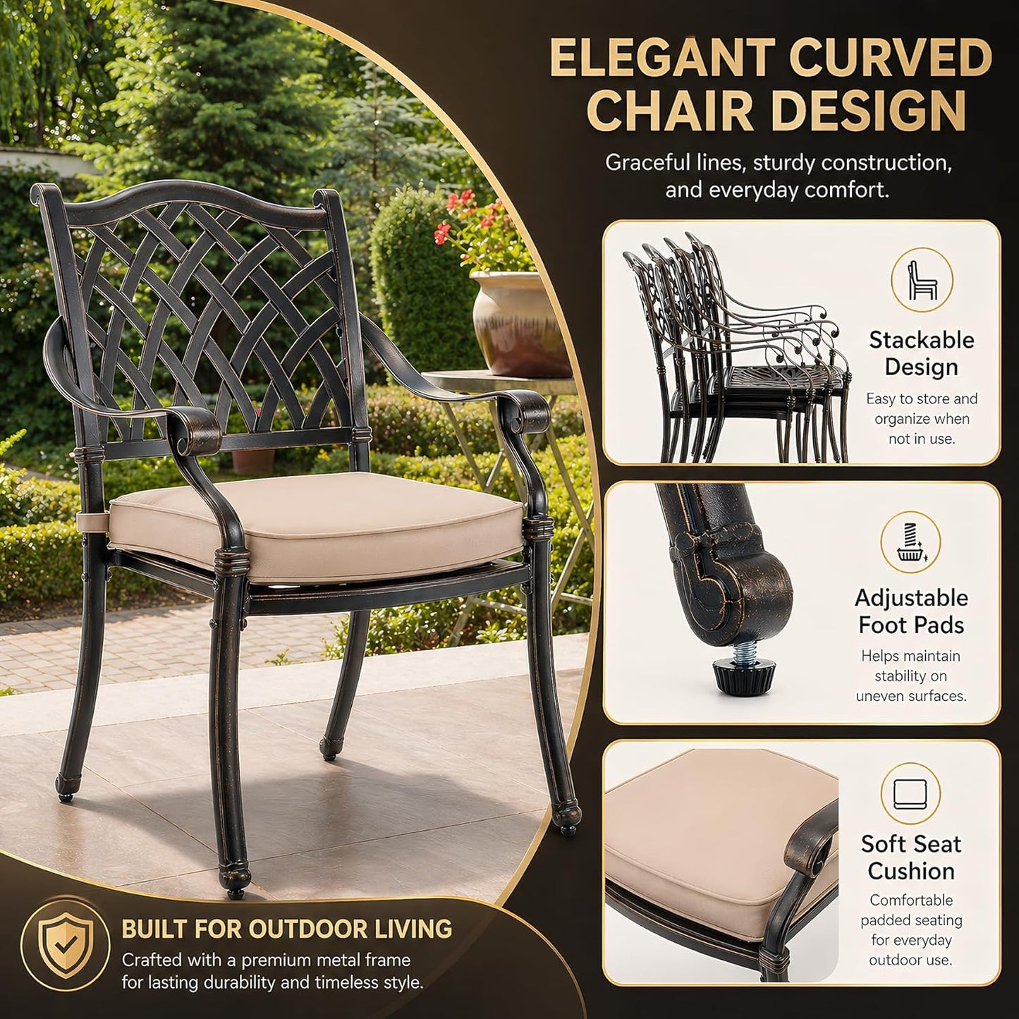 7‑Piece Cast‑Aluminum Outdoor Patio Dining Set｜59" Rectangular Lattice Table, Stackable Chairs, Removable Washable Cushions, Umbrella Hole for Garden Deck Backyard