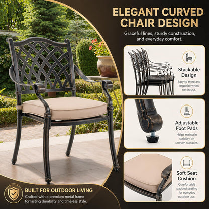 7‑Piece Cast‑Aluminum Outdoor Patio Dining Set｜59" Rectangular Lattice Table, Stackable Chairs, Removable Washable Cushions, Umbrella Hole for Garden Deck Backyard