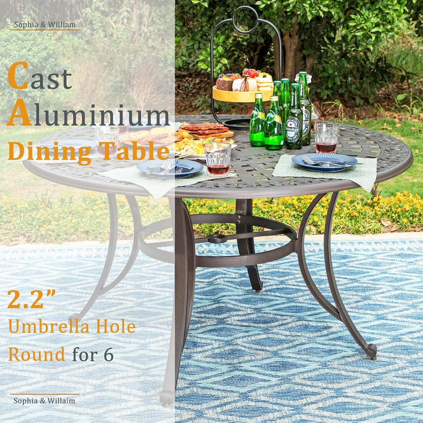 Rectangular Cast Aluminum Outdoor Dining Table｜Vintage Hollow‑Carved Patio Table with Umbrella Hole, Seats 6 for Garden Deck Backyard