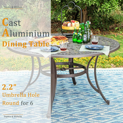 Rectangular Cast Aluminum Outdoor Dining Table｜Vintage Hollow‑Carved Patio Table with Umbrella Hole, Seats 6 for Garden Deck Backyard