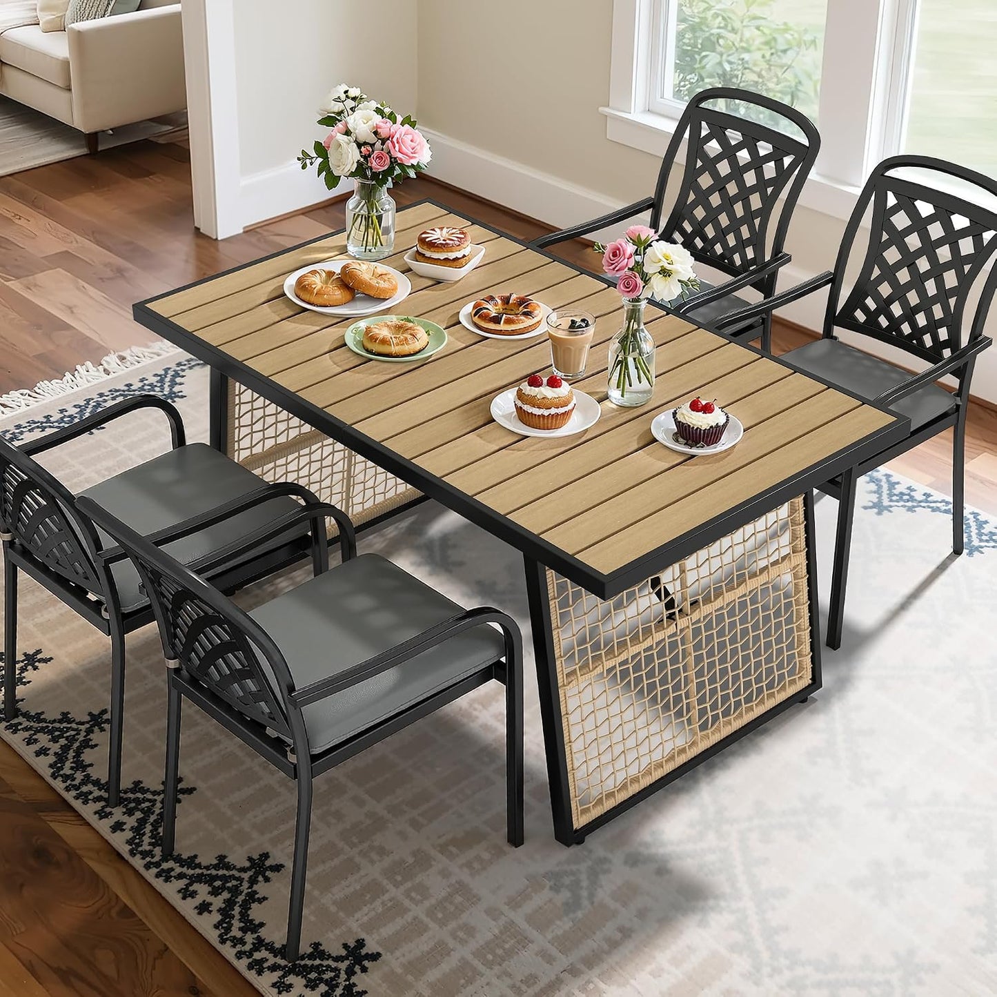 59.1 Inch Rectangular All‑Weather Outdoor Dining Table｜Metal Frame with Rattan Mesh, Adjustable Feet, Seats 6 🏝️