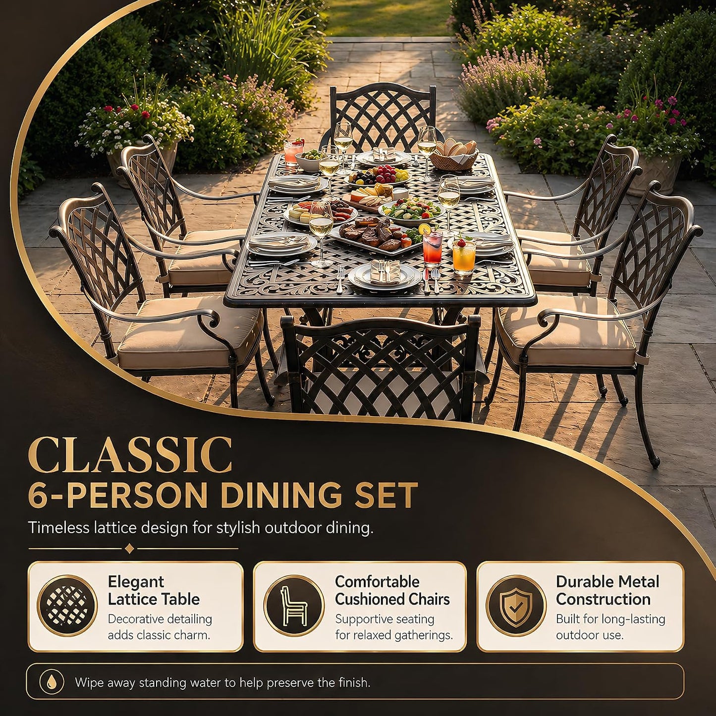 7‑Piece Cast‑Aluminum Outdoor Patio Dining Set｜59" Rectangular Lattice Table, Stackable Chairs, Removable Washable Cushions, Umbrella Hole for Garden Deck Backyard