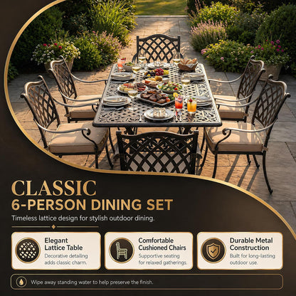 7‑Piece Cast‑Aluminum Outdoor Patio Dining Set｜59" Rectangular Lattice Table, Stackable Chairs, Removable Washable Cushions, Umbrella Hole for Garden Deck Backyard