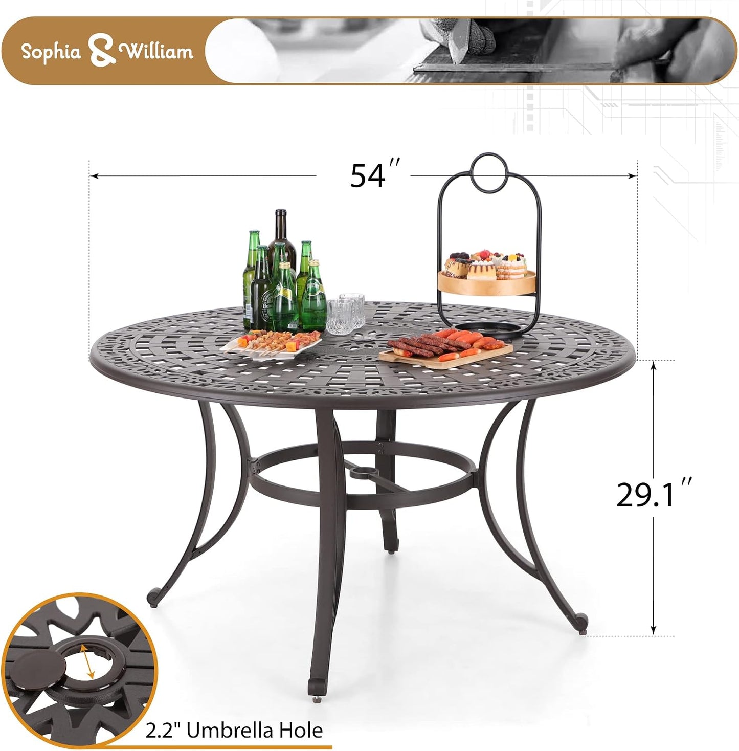 Rectangular Cast Aluminum Outdoor Dining Table｜Vintage Hollow‑Carved Patio Table with Umbrella Hole, Seats 6 for Garden Deck Backyard