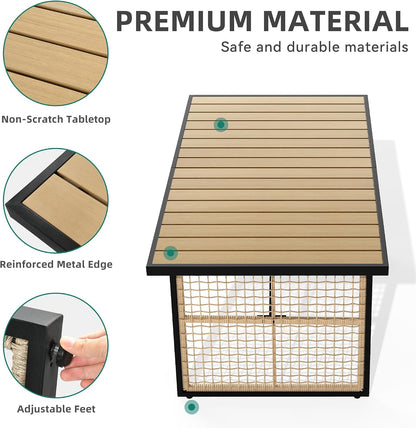 59.1 Inch Rectangular All‑Weather Outdoor Dining Table｜Metal Frame with Rattan Mesh, Adjustable Feet, Seats 6 🏝️
