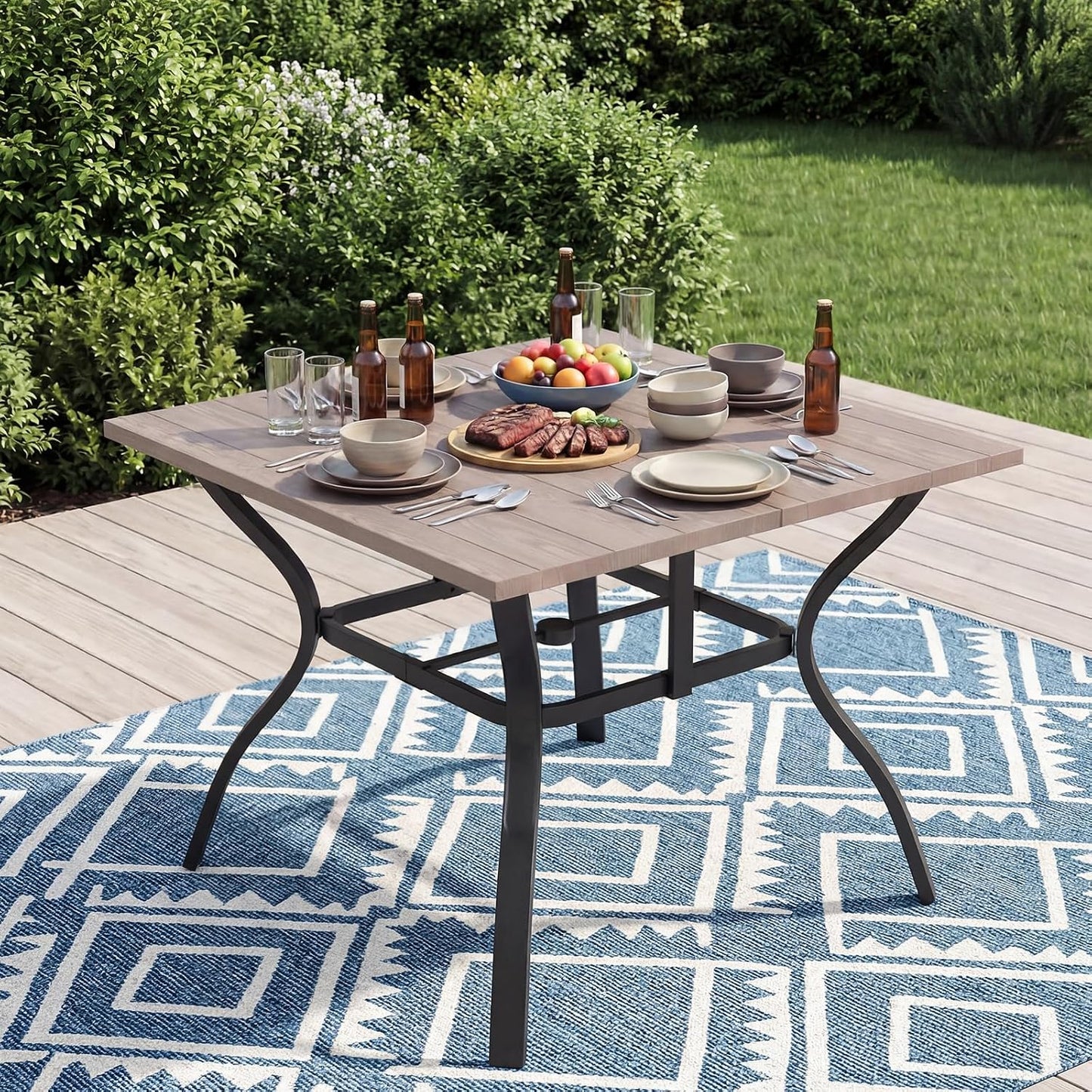 37.8 Inch Square Metal Outdoor Dining Table｜4‑Person Patio Table with Adjustable Umbrella Hole, Rust‑Resistant for Garden Backyard 🪑