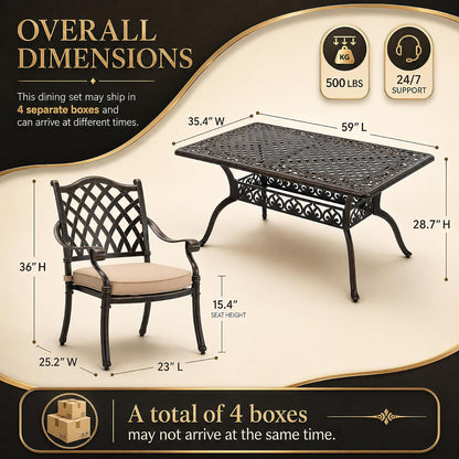 7‑Piece Cast‑Aluminum Outdoor Patio Dining Set｜59" Rectangular Lattice Table, Stackable Chairs, Removable Washable Cushions, Umbrella Hole for Garden Deck Backyard