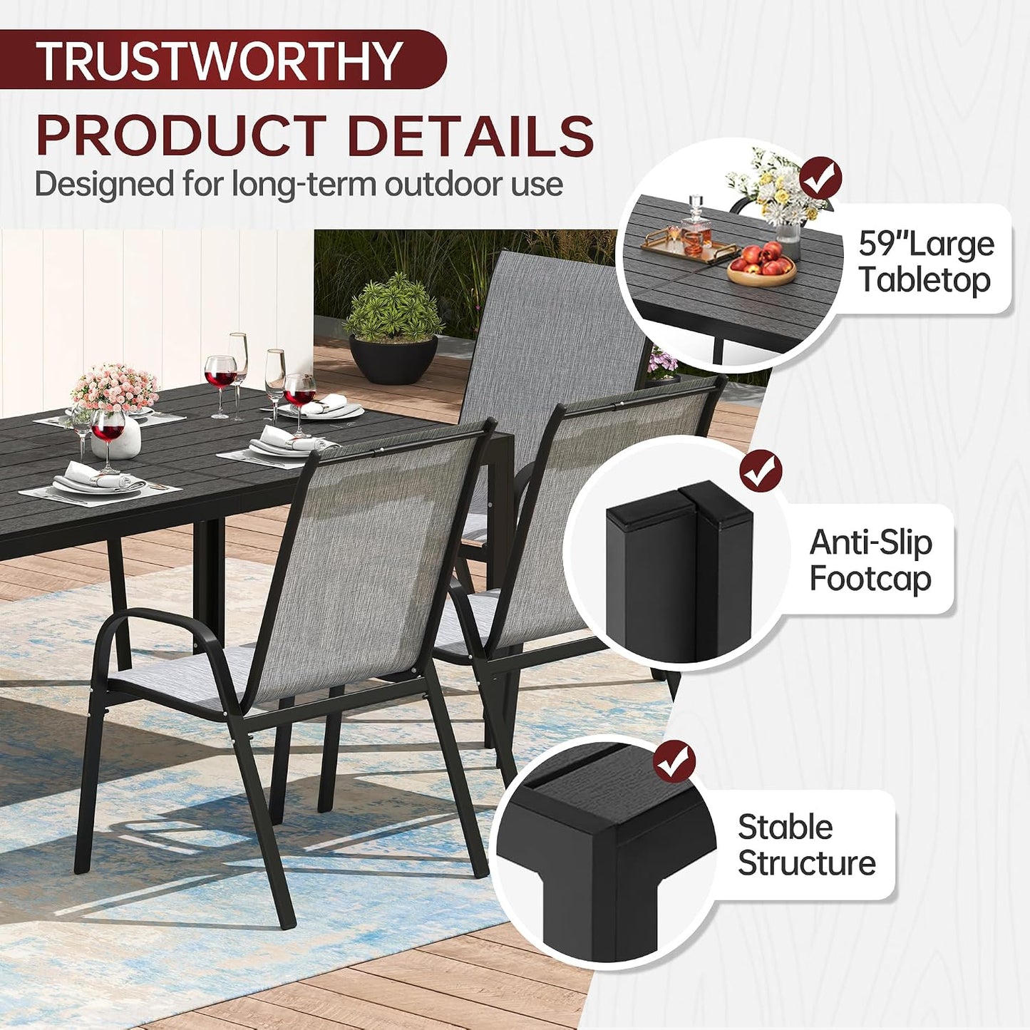 59.1 Inch Rectangular Outdoor Patio Dining Table｜Wood‑Like HDPE Slat Top, Galvanized Rust‑Proof Metal Frame, Seats 6 🖼️