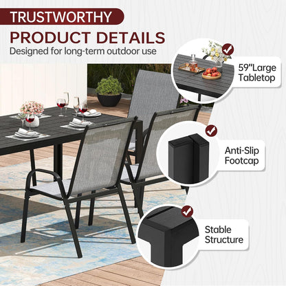 59.1 Inch Rectangular Outdoor Patio Dining Table｜Wood‑Like HDPE Slat Top, Galvanized Rust‑Proof Metal Frame, Seats 6 🖼️