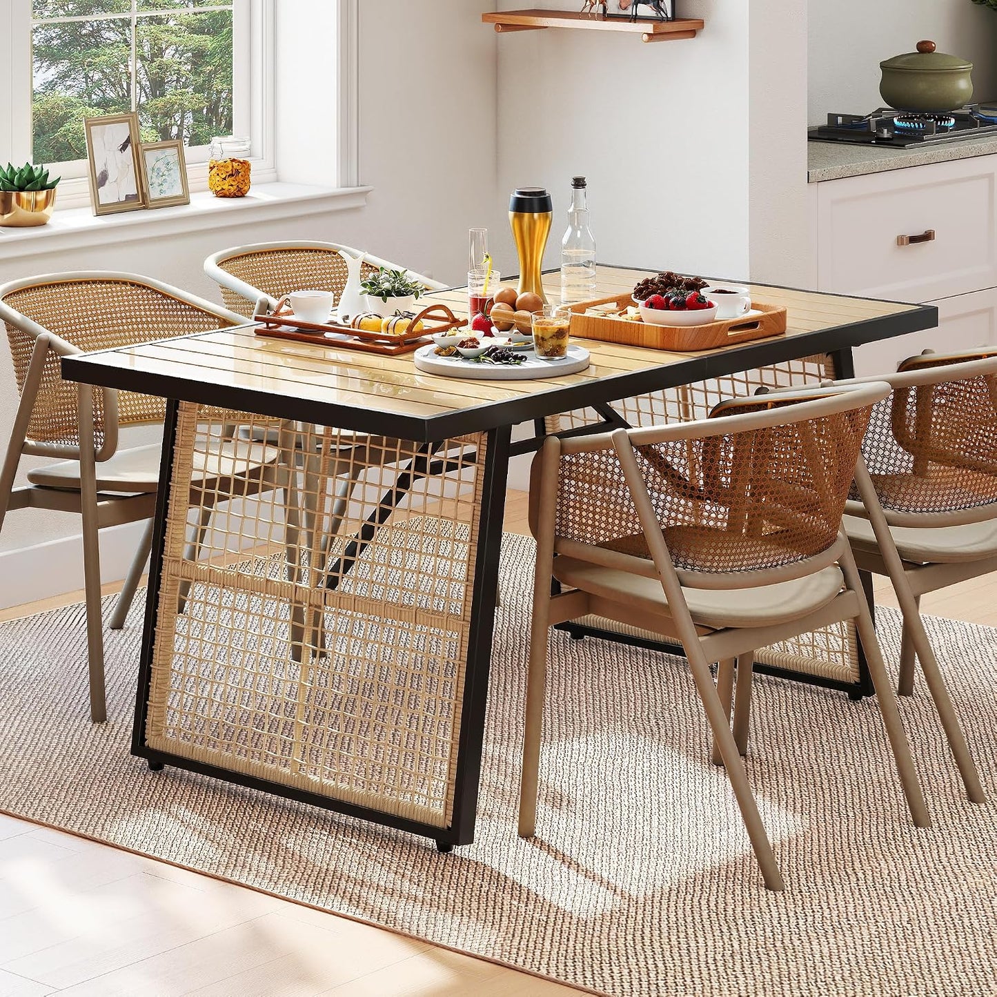 59.1 Inch Rectangular All‑Weather Outdoor Dining Table｜Metal Frame with Rattan Mesh, Adjustable Feet, Seats 6 🏝️
