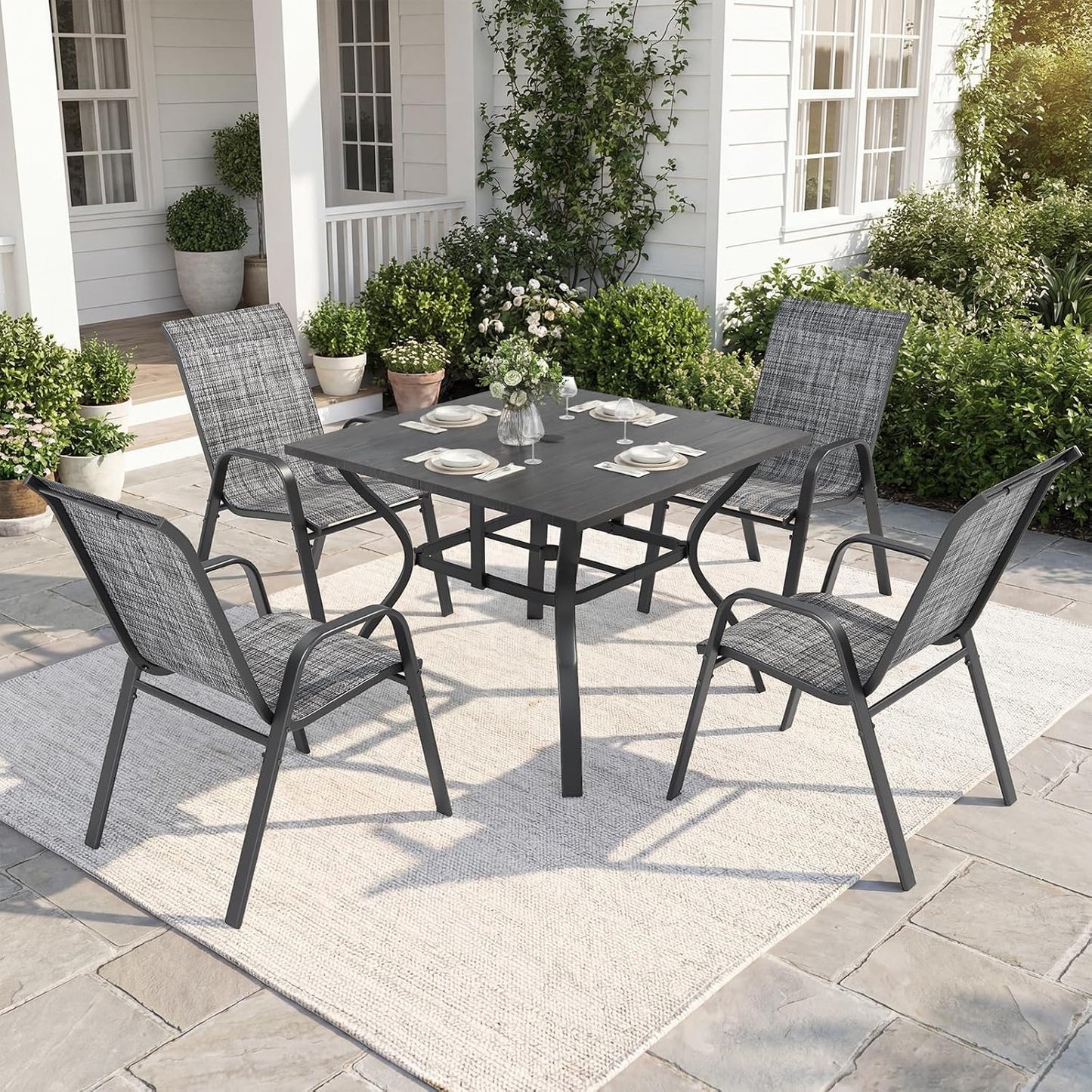 37.8 Inch Square Metal Outdoor Dining Table｜4‑Person Patio Table with Adjustable Umbrella Hole, Rust‑Resistant for Garden Backyard 🪑