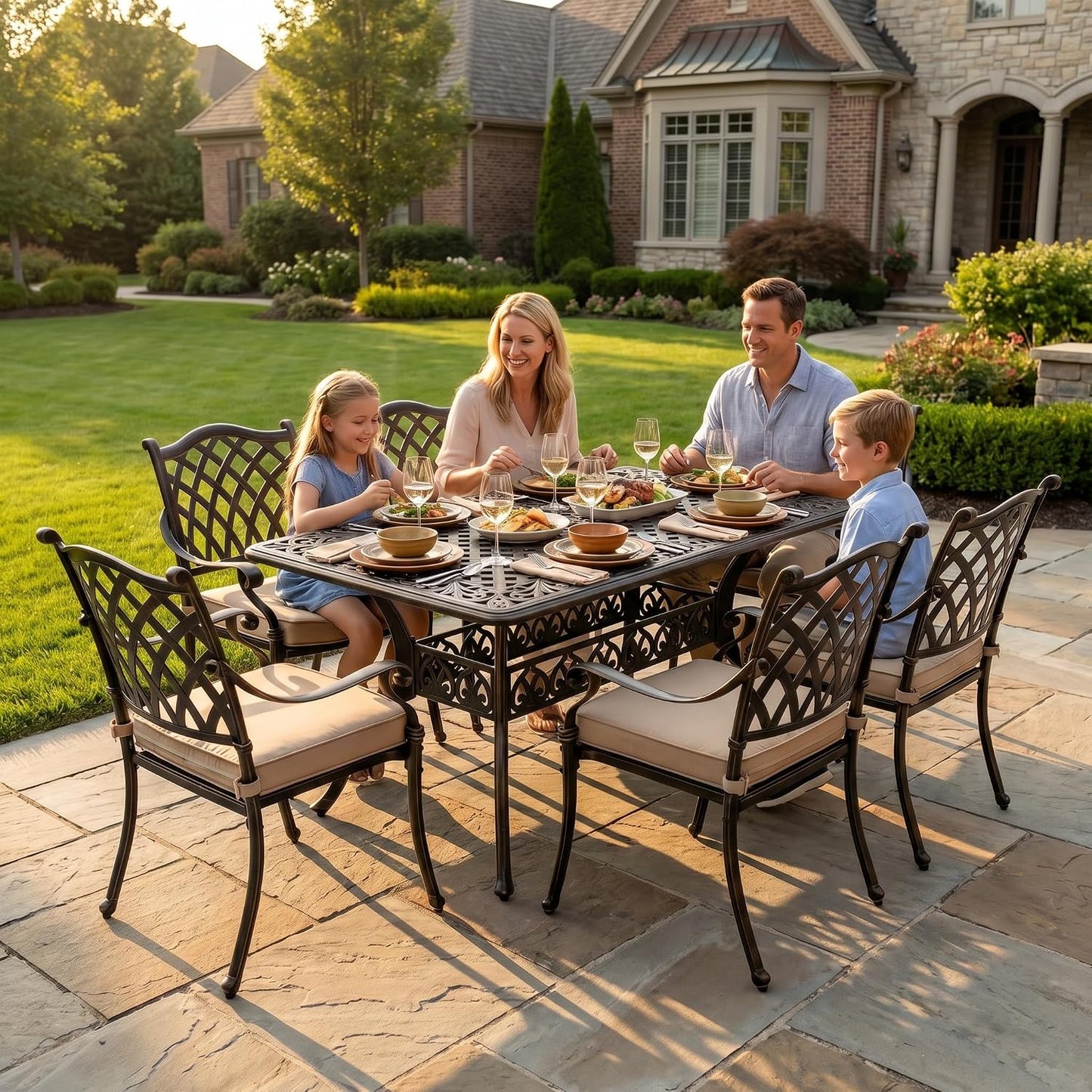 7‑Piece Cast‑Aluminum Outdoor Patio Dining Set｜59" Rectangular Lattice Table, Stackable Chairs, Removable Washable Cushions, Umbrella Hole for Garden Deck Backyard