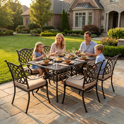 7‑Piece Cast‑Aluminum Outdoor Patio Dining Set｜59" Rectangular Lattice Table, Stackable Chairs, Removable Washable Cushions, Umbrella Hole for Garden Deck Backyard