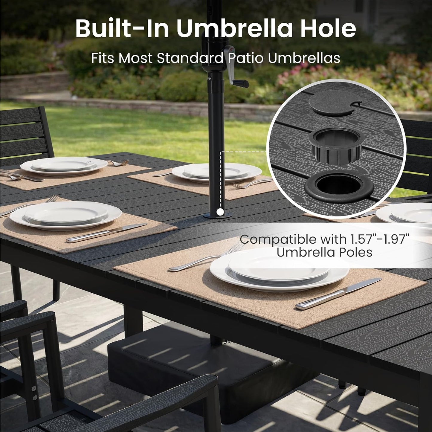 71.4 Inch Rectangular Outdoor Dining Table｜Rust‑Proof Aluminum Frame, WPC Wood‑Like Tabletop, Adjustable Umbrella Hole, Seats 4‑6 for Patio Deck Garden 🌿