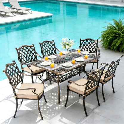 7‑Piece Cast‑Aluminum Outdoor Patio Dining Set｜59" Rectangular Lattice Table, Stackable Chairs, Removable Washable Cushions, Umbrella Hole for Garden Deck Backyard