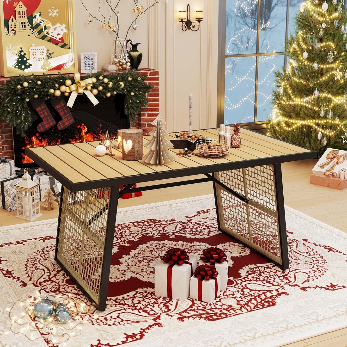 59.1 Inch Rectangular All‑Weather Outdoor Dining Table｜Metal Frame with Rattan Mesh, Adjustable Feet, Seats 6 🏝️